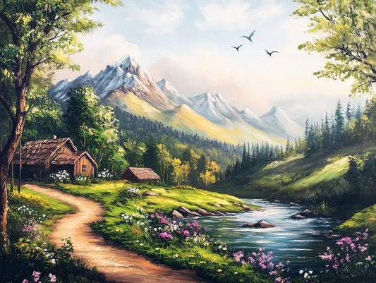 Fototapete Landschaft Sommerhuette in den Alpen Nahansicht – Wiesengruen, Warmbraun, Himmelblau, Weiss, selbstklebend