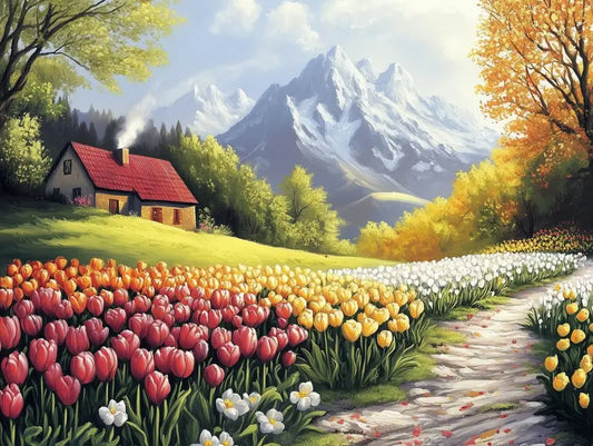 Fototapete Landschaft Tulpenmeer vor den Bergen Nahansicht – Tulpenrot, Sonnengelb, Pink, Bergweiss, selbstklebend