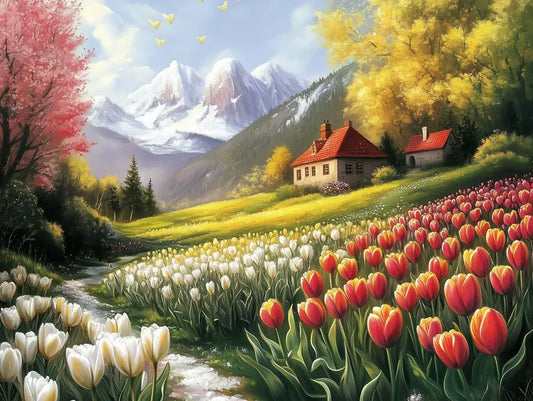 Fototapete Landschaft Tulpenfelder am Alpenrand Nahansicht – Pink, Rot, Gruen, Bergweiss, selbstklebend