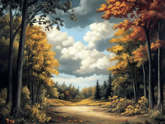 Fototapete Wald Stiller Herbstweg Nahansicht – Gold, Orange, Dunkelgrau, Braun, selbstklebend