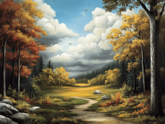 Fototapete Landschaft Weite Herbstlandschaft Nahansicht – Gold, Orange, Himmelgrau, Gruen, selbstklebend