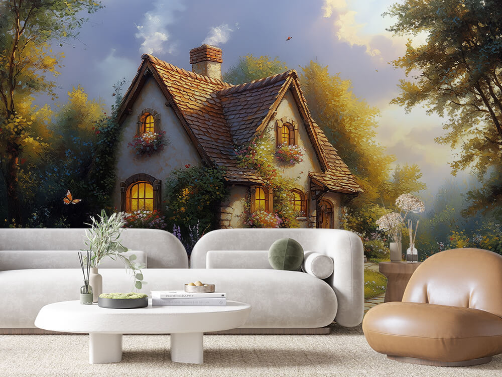 Fototapete Blumenhäuschen im Abendlicht » Romantisches Cottage mit Blütenpracht Für gemütliche Rückzugsorte Exklusiv bei PCC FoliaConcept