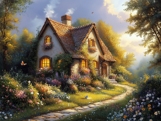 Fototapete Blumenhäuschen im Abendlicht » Romantisches Cottage mit Blütenpracht Für gemütliche Rückzugsorte Exklusiv bei PCC FoliaConcept