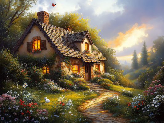 Fototapete Märchenhaus im Blütengarten » Cottage mit Wildblumen im Sonnenuntergang Für traumhafte Rückzugsorte Exklusiv bei PCC FoliaConcept