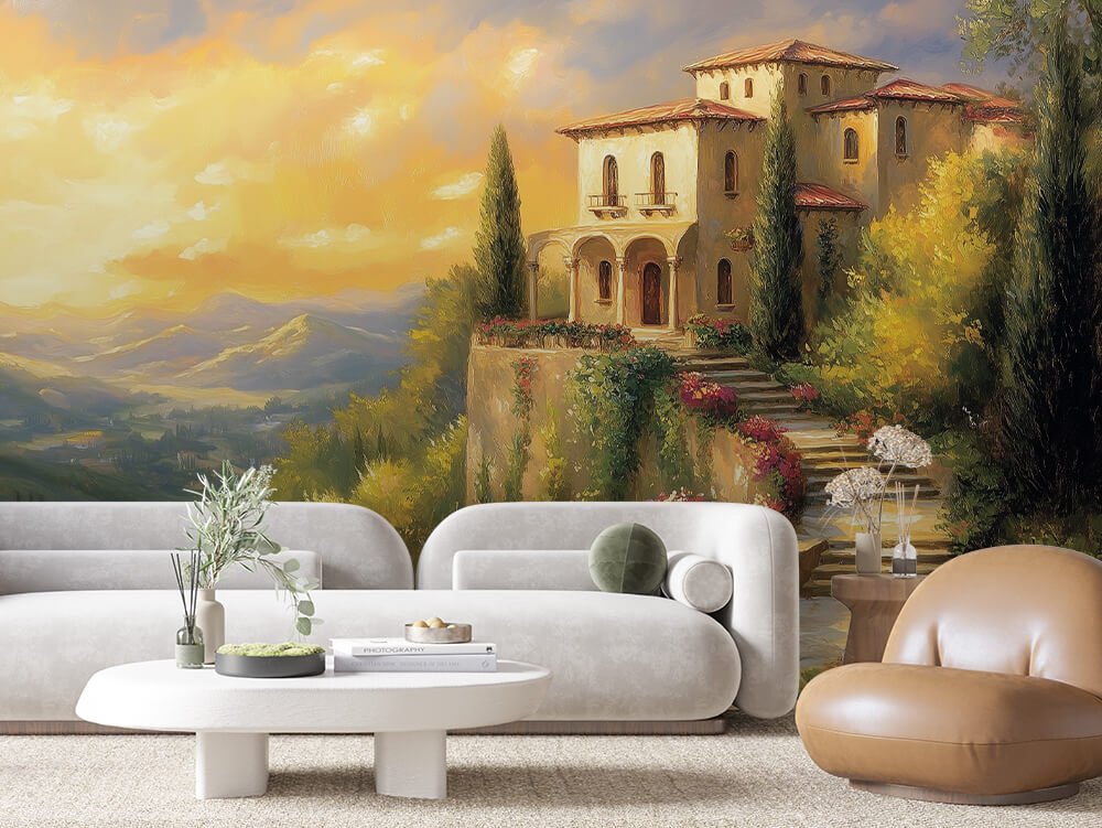 Fototapete Villa in der Toskana » Mediterranes Herrenhaus im Sonnenuntergang Italienisches Flair & Wärme Exklusiv bei PCC FoliaConcept
