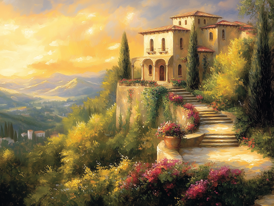 Fototapete Villa in der Toskana » Mediterranes Herrenhaus im Sonnenuntergang Italienisches Flair & Wärme Exklusiv bei PCC FoliaConcept