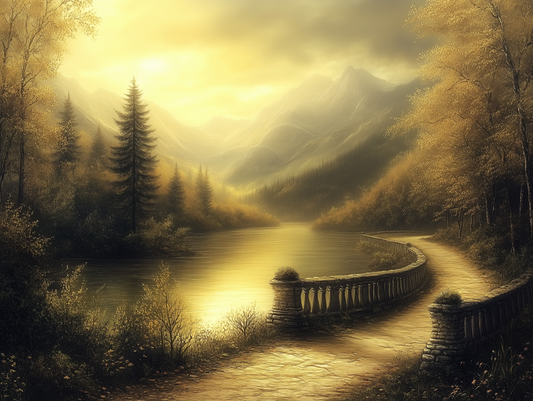 Fototapete Bergsee mit goldenem Pfad » Märchenhafte Herbstlandschaft Stimmungsvolles Naturmotiv Nur bei PCC FoliaConcept