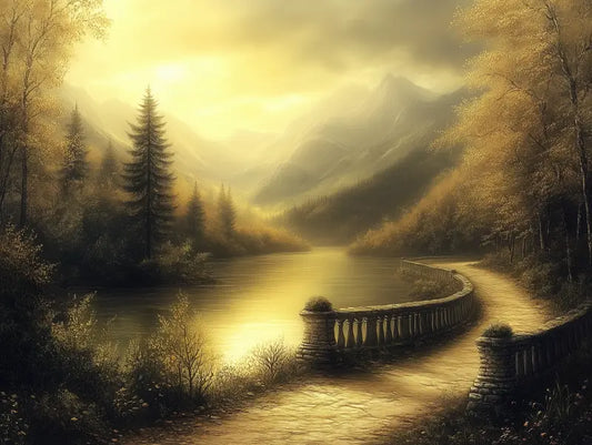 Fototapete Wald Goldener Bergsee im Herbst Nahansicht – Gold, Rostrot, Nebelblau, Gruen, selbstklebend