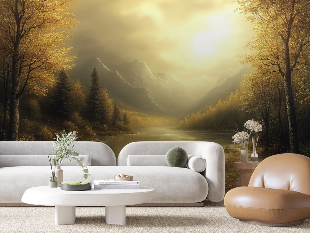 Fototapete goldener Seeweg » Sanfte Berge im Herbstglanz Stimmungsvolles Naturbild Exklusiv bei PCC FoliaConcept