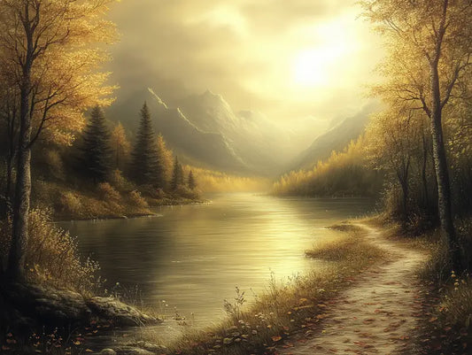 Fototapete Wald Goldener Seeweg im Herbst Nahansicht – Gold, Warmbraun, Nebelblau, Gruen, selbstklebend