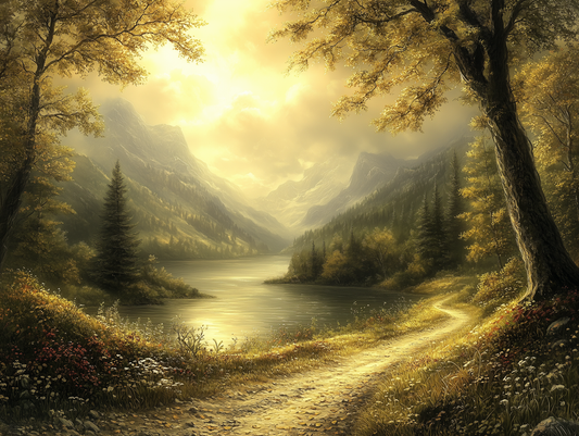 Fototapete goldener Morgenweg » Romantische Bergkulisse im Herbst Sanfte Naturstimmung Exklusiv bei PCC FoliaConcept