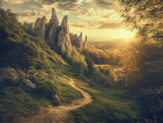 Fototapete Wald Sonnenpfad zur Felswand Nahansicht – Gold, Dunkelgruen, Felsbraun, Warmrot, selbstklebend