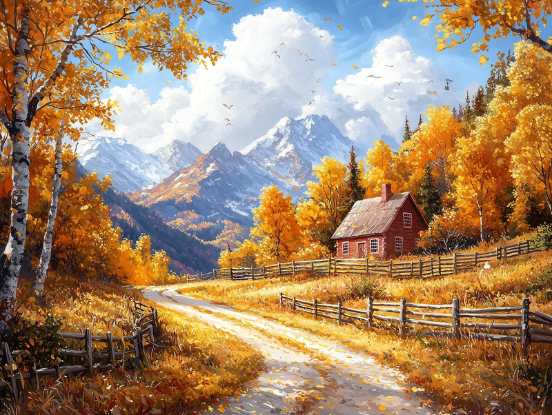 Fototapete Alpenpanorama mit Hütte » Farbenfroher Herbstblick Moderne Gemütlichkeit Nur bei PCC FoliaConcept