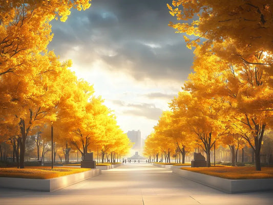 Fototapete Wald Goldene Herbstallee Nahansicht – Gold, Orangerot, Warmbraun, Gruen, selbstklebend