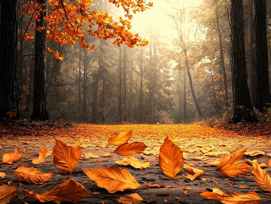Fototapete Wald Herbstlicher Laubweg Nahansicht – Rostbraun, Orange, Gold, Waldgruen, selbstklebend