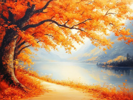 Fototapete Wald Herbstbaum am Seeufer Nahansicht – Feuerrot, Gold, Seeblau, Gruen, selbstklebend
