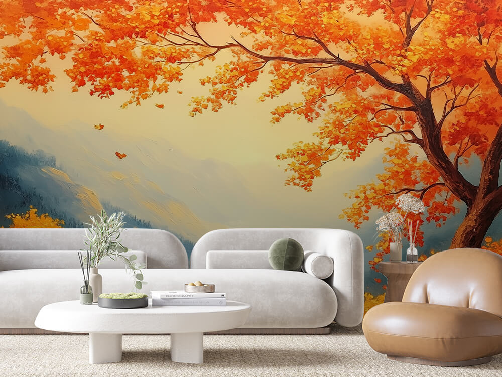 Fototapete mit Herbstfarben & Panoramablick » Leuchtende Blätterpracht Harmonische Weitsicht Exklusiv bei PCC FoliaConcept