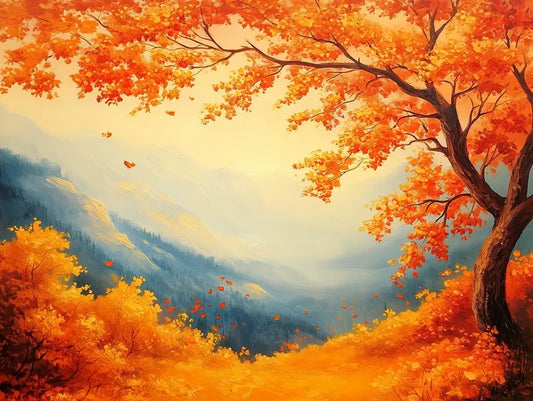 Fototapete Wald Herbstlaub mit Fernblick Nahansicht – Rot, Orange, Gold, Himmelblau, selbstklebend