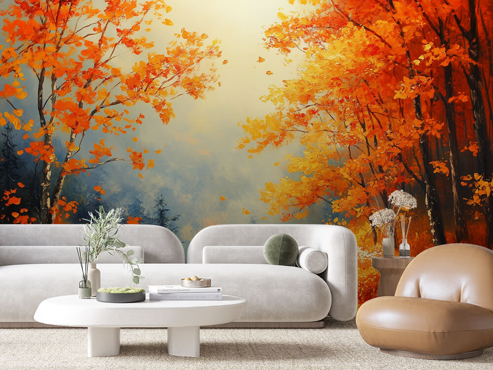 Fototapete mit Herbstweg & Farbspiel » Leuchtende Naturkulisse Gemütliche Raumatmosphäre Nur bei PCC FoliaConcept