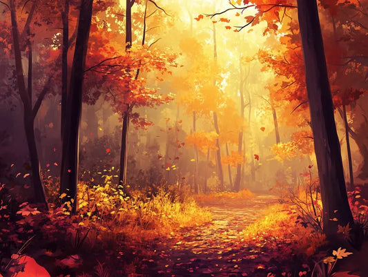 Fototapete Wald Herbstlichtung Nahansicht – Gold, Warmbraun, Orange, Gruen, selbstklebend