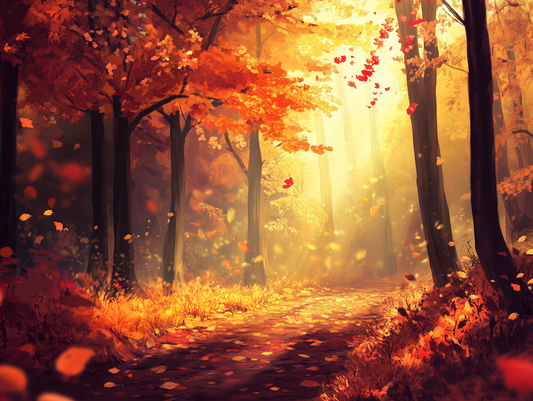 Fototapete Herbstwald mit Sonnenlicht » Leuchtende Farben Tiefe Atmosphäre Exklusiv bei PCC FoliaConcept