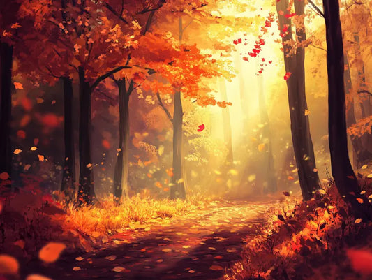 Fototapete Wald Sonnenlicht im Herbstwald Nahansicht – Gold, Warmbraun, Orange, Sonnenlichtgelb, selbstklebend