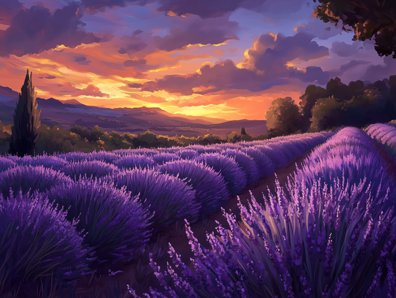 Fototapete Lavendel im Sonnenuntergang » Mediterrane Idylle Beruhigendes Farbspiel Exklusiv bei PCC FoliaConcept