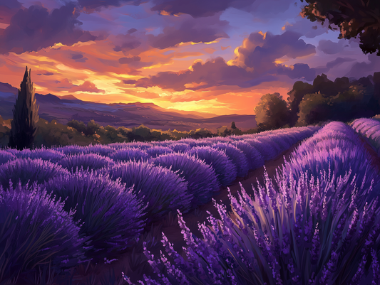 Fototapete Lavendel im Sonnenuntergang » Mediterrane Idylle Beruhigendes Farbspiel Exklusiv bei PCC FoliaConcept