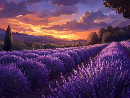 Fototapete Landschaft Lavendelfeld im Sonnenuntergang Nahansicht – Lavendel, Gold, Violett, Warmrosa, selbstklebend