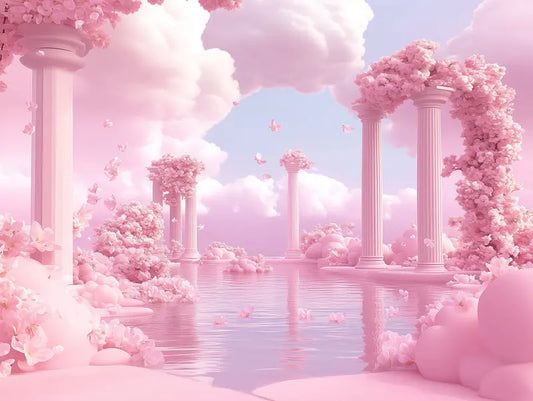 Fototapete Landschaft Rosa Tempelwelt Nahansicht – Rosa, Pastelllila, Hellblau, Weiss, selbstklebend
