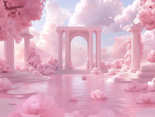 Fototapete Landschaft Rosentempel der Traeume Nahansicht – Rosa, Pastelllila, Weiss, Zartrosa, selbstklebend