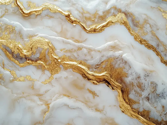 Fototapete Marmor Kristall Weiß Gold Nahansicht – Weiß, Kristallgold, Champagner, Perlmutt, selbstklebend