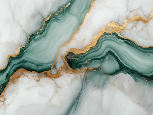 Fototapete Marmor Emerald Flow Nahansicht – Weiß, Smaragdgrün, Gold, Cremebeige, selbstklebend