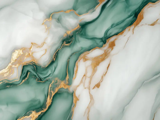 Fototapete Marmor Green Harmony Nahansicht – Weiß, Frischgrün, Gold, Jade, selbstklebend