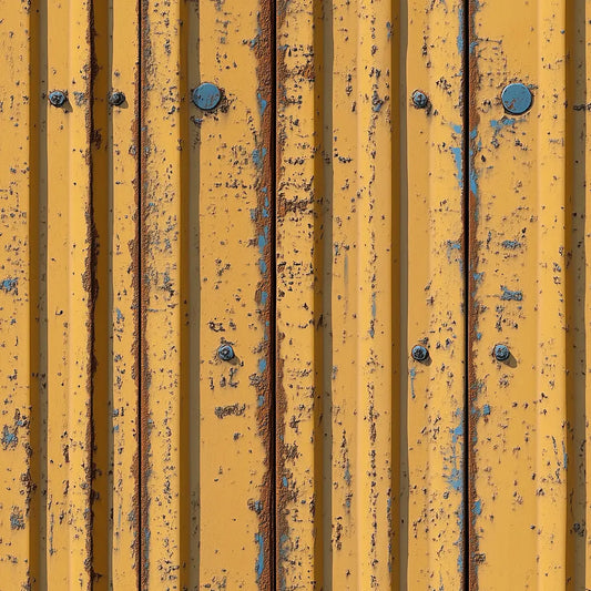 Metallic Tapete Gelbe Wellblechfassade Detailansicht – Senfgelb, Rostbraun, Tuerkis, Ocker, Schwarz, selbstklebend