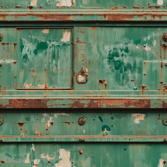 Metallic Tapete Grüne Containerwände Detailansicht – Tuerkisgruen, Rostbraun, Cremeweiss, Olivgruen, Kupfer, selbstklebend
