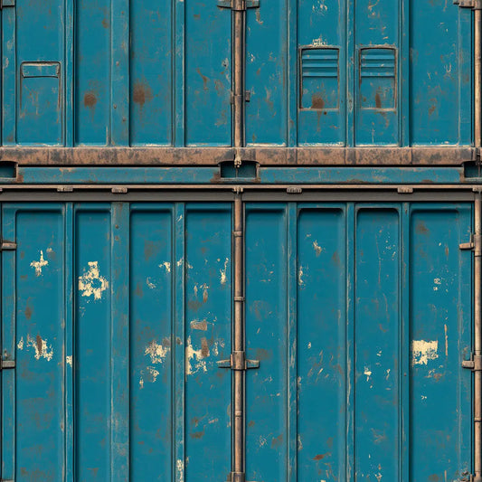 Metallic Tapete Türkiser Frachtcontainer Detailansicht – Petrolblau, Tuerkis, Cremeweiss, Rostbraun, Dunkelbraun, selbstkl...