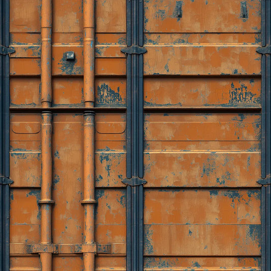Metallic Tapete Rostige Rohrleitungen Detailansicht – Orangerot, Rostbraun, Petrolgruen, Dunkelgrau, selbstklebend