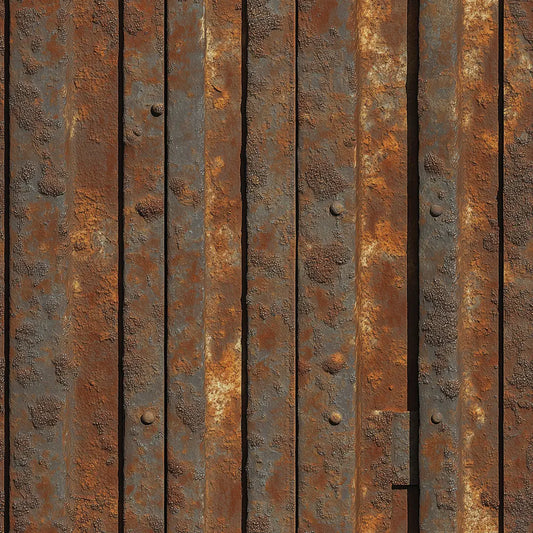 Metallic Tapete Schwere Rostplatten Detailansicht – Anthrazit, Schwarz, Feuerrost-Orange, Dunkelbraun, selbstklebend