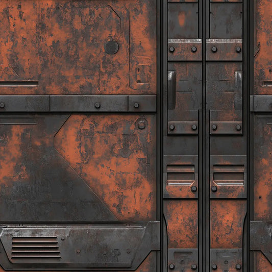 Metallic Tapete Roststreifen Paneele Detailansicht – Blaugrau, Orange, Kupfer, Rostbraun, selbstklebend