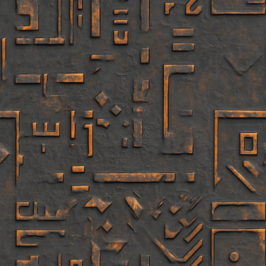 Metallic Tapete Stahl Hieroglyphen Detailansicht – Schwarz, Kupferrost, Dunkelbraun, Anthrazit, selbstklebend