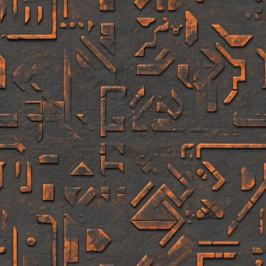 Metallic Tapete Rost Glyphen Relief Detailansicht – Schwarz, Kupferrot, Rostbraun, Dunkelanthrazit, selbstklebend