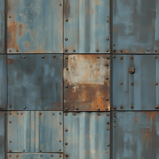 Metallic Tapete Rostblau Nietplatten Detailansicht – Blaugrau, Rostbraun, Orange, Dunkelgrau, selbstklebend