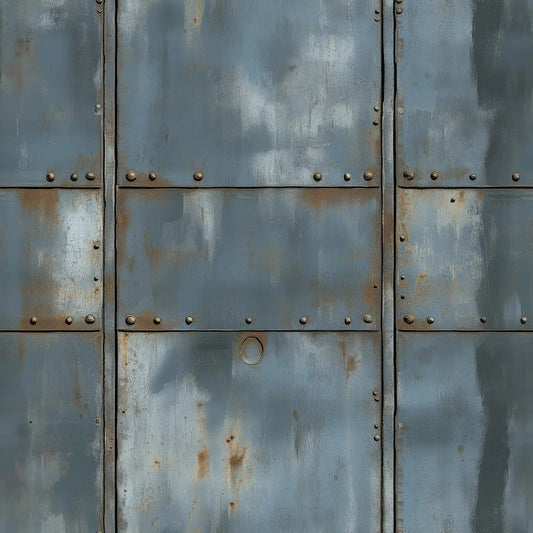 Metallic Tapete Blaustahl Nietplatten Detailansicht – Blaugrau, Stahlblau, Rostbraun, Ocker, selbstklebend