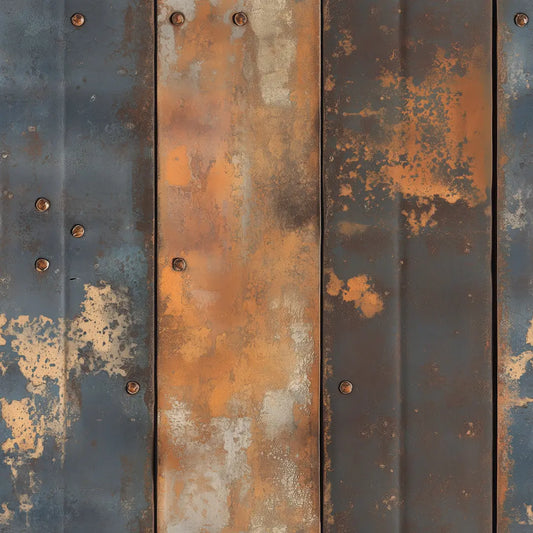 Metallic Tapete Rostiges Stahlblech Detailansicht – Stahlblau, Rostbraun, Kupferorange, Cremeweiss, Anthrazit, selbstklebend