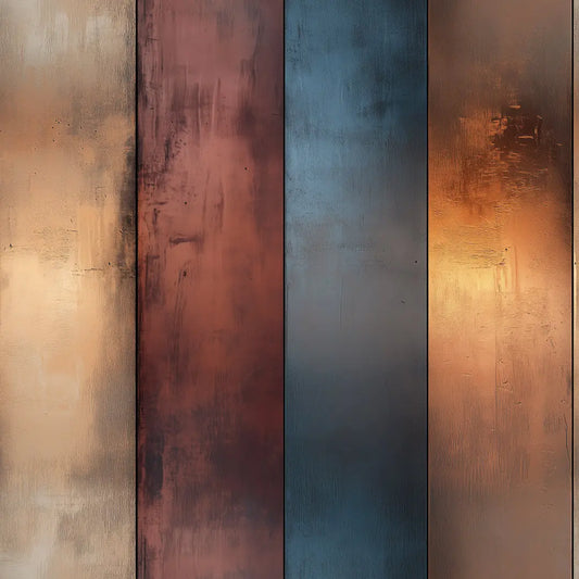 Metallic Tapete Mehrfarbige Metallstreifen Detailansicht – Rostrot, Petrolblau, Gold, Kupfer, Beige, selbstklebend