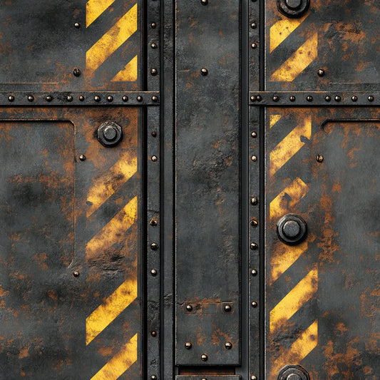 Metallic Tapete Warnstreifen Stahl Detailansicht – Anthrazit, Schwarz, Signalgelb, Rostbraun, selbstklebend