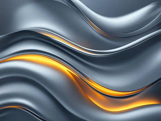 Designtapete Blaue Metallwellen Detailansicht – Stahlblau, Anthrazit, Dunkelgrau, Orange-Gold, selbstklebend