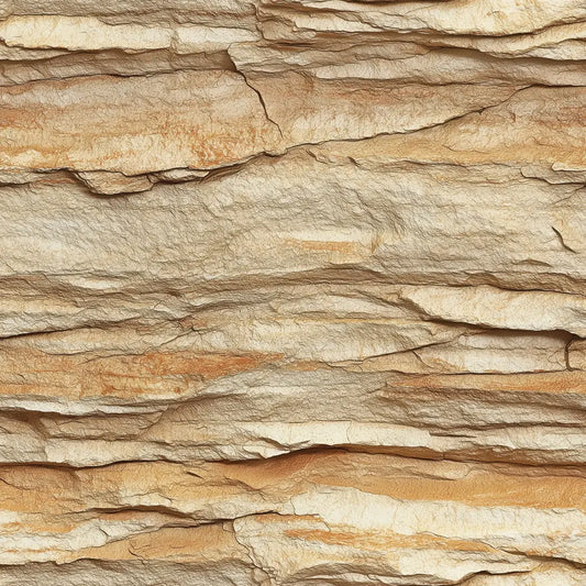 Layered Beige Stone Tapete mit realistischer Steinstruktur in warmen Sand- und Ockertönen, ideal für Wohnzimmer oder Eingangsbereiche.