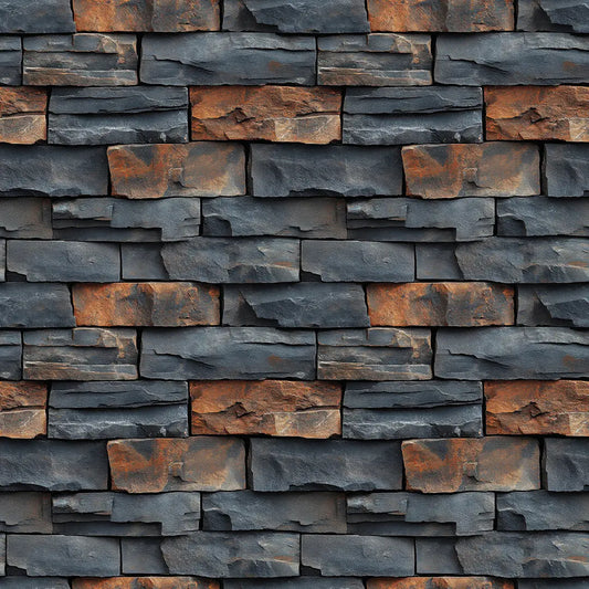 Tapete Steinoptik Vulkanische Schichtmauer Nahansicht – Anthrazit, Dunkelgrau, Rostorange, Kupferbraun, selbstklebend